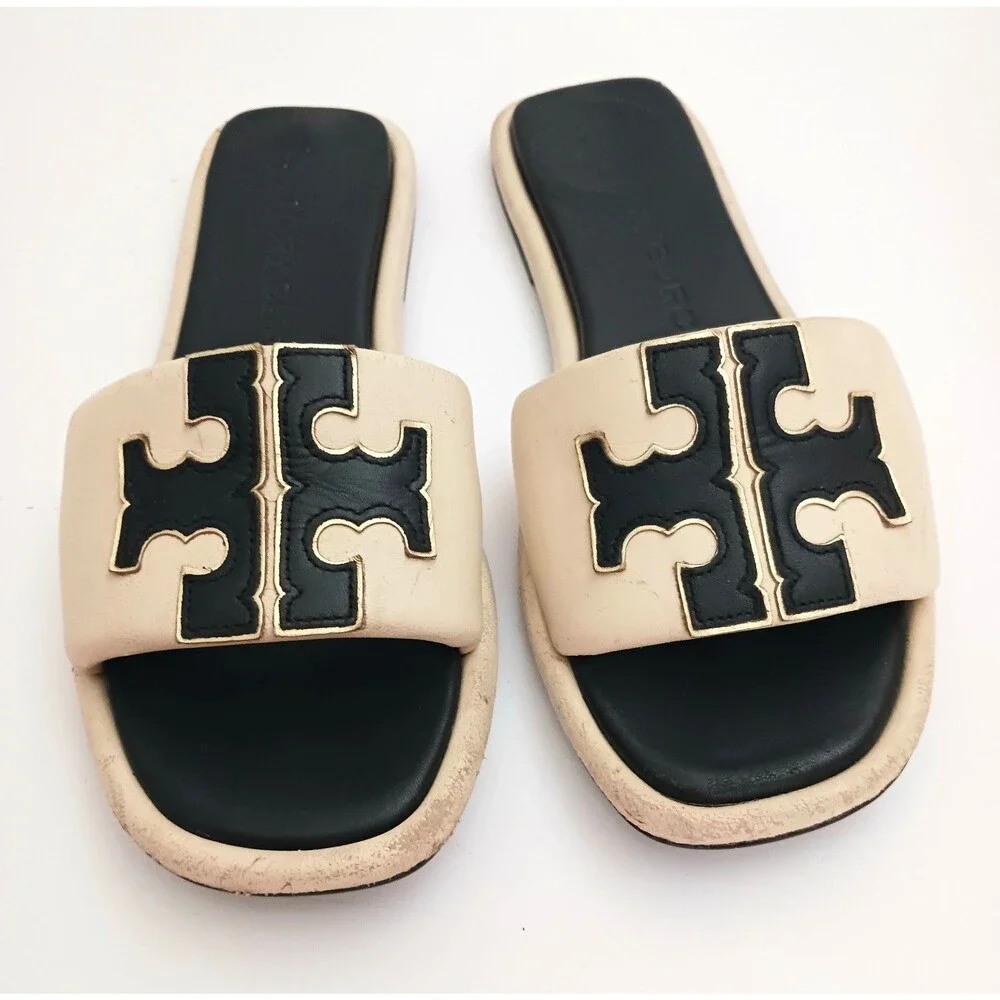 Tory Burch Double T Logo Sport Slide Cream/ Black Leather Wide Straps 7.5M